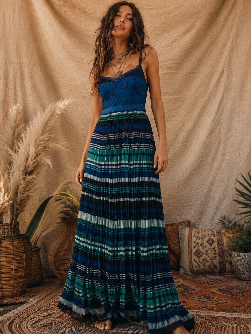 Free People Striped Pleated Maxi Dress